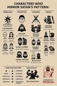 Visual chart showing biblical characters who mirror Satan’s rebellion, deception, violence, and defeat—contrasted with Yahuah’s righteous saints and the Messiah’s victory.