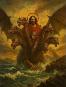 Illustration of the seven‑headed beast from Revelation symbolizing end‑time global power systems.