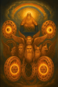 Symbolic illustration of the divine throne above creation, featuring living creatures, glowing wheels, and radiant glory — visualizing Ezekiel’s vision and the layered heavens.