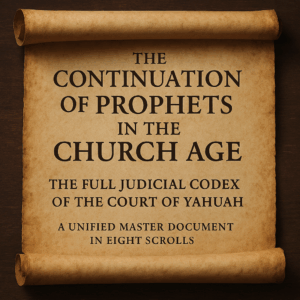 Ancient parchment scroll titled “The Continuation of Prophets in the Church Age,” representing the unified judicial codex of the heavenly courtroom.