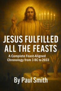 Jesus holding a seven-branched menorah, standing in radiant golden light, with symbols of bread, wine, and wheat representing the fulfillment of biblical feasts.