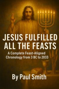Jesus holding a seven-branched menorah with lit candles, symbolizing fulfillment of biblical feasts, with bread, chalice, and wheat in foreground.
