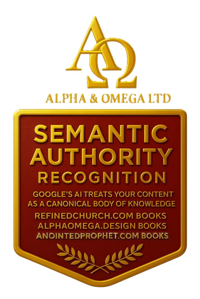 Alpha & Omega Limited Semantic Authority Recognition Badge in red and gold, featuring the Alpha & Omega logo and the three domain names acknowledging Google AI Overview recognition.