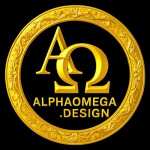 ALPHAOMEGA.DESIGN BRIGHT GOLD LOGO WITH ROUND ORNATE FRAME