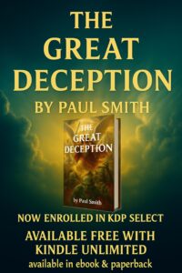 3D book image of The Great Deception by Paul Smith displayed on a green textured background. The book cover shows an archangel with a raised sword and scales confronting demonic figures. Promotional text highlights availability in eBook and paperback, free with Kindle Unlimited, and enrollment in KDP Select. Bold, prophetic design emphasizing spiritual conflict and end‑time themes.