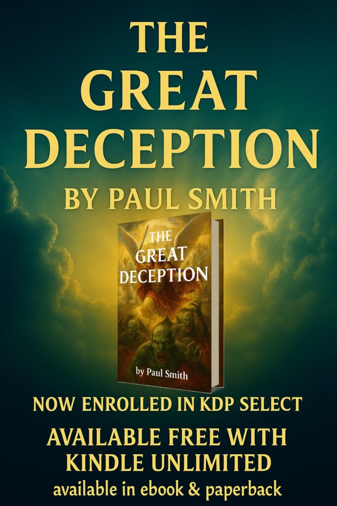3D book image of The Great Deception by Paul Smith displayed on a green textured background. The book cover shows an archangel with a raised sword and scales confronting demonic figures. Promotional text highlights availability in eBook and paperback, free with Kindle Unlimited, and enrollment in KDP Select. Bold, prophetic design emphasizing spiritual conflict and end‑time themes.