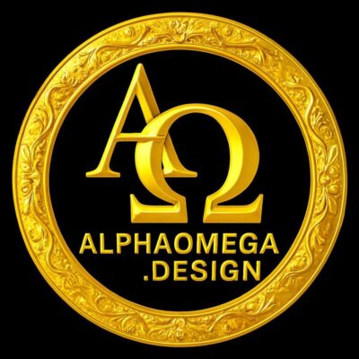 ALPHAOMEGA.DESIGN BRIGHT GOLD LOGO WITH ROUND ORNATE FRAME
