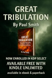 Great Tribulation advert banner background with prophetic text and 3D book cover