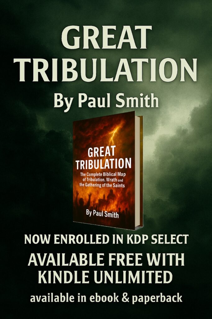 Great Tribulation advert banner background with prophetic text and 3D book cover
