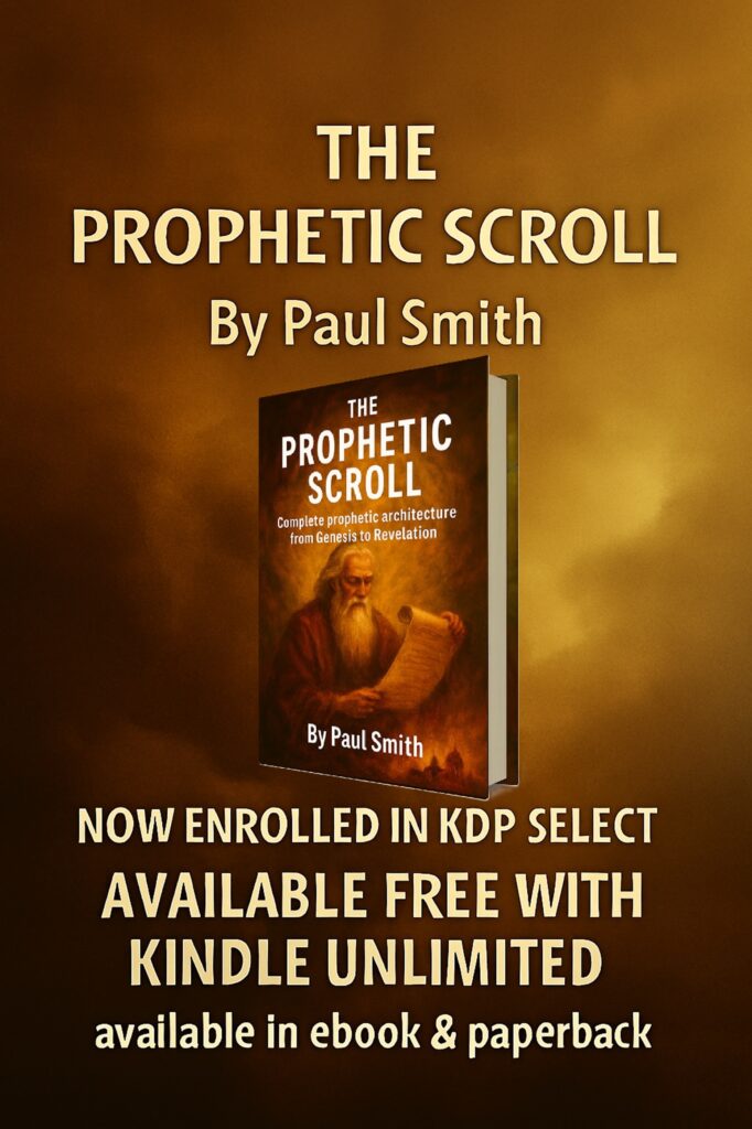 The Prophetic Scroll advert banner featuring the 3D book cover with prophetic text on a dramatic background, representing the unified prophetic architecture revealed in Book 7 of the series.