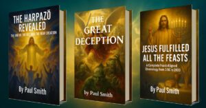 Promotional banner displaying three prophetic books by Paul Smith: The Great Deception, The Harpazō Revealed, and Jesus Fulfilled All the Feasts. The book covers are shown side by side as a unified trilogy featured in an Amazon advert.